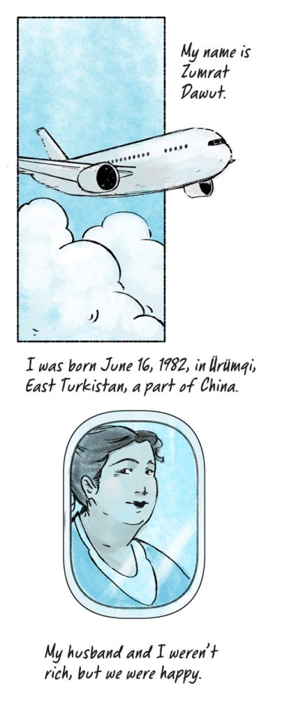 Comic über Zumrat Dawuts Flucht aus einem Internierungslager in Xinjiang.