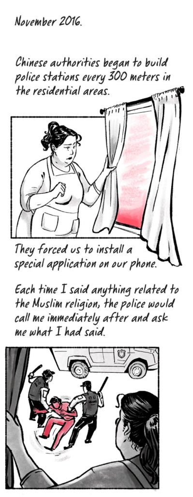 Comic über Zumrat Dawuts Flucht aus einem Internierungslager in Xinjiang.