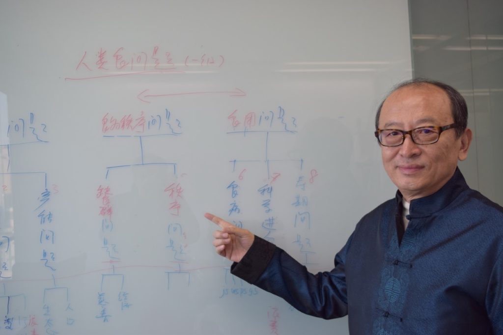 Chinas Küche als Softpower: Superkoch Liu Guangwei in seinem Pekinger Forschungsinstitut für das Essen Chinas. Er entwickelt auf Glastafeln seine 19-Ziffer Formeln, um die bisher von ihm registrierten 30.000 Gerichte der chinesischen Küche auseinander halten zu können. Liu hat die Geschichte chinesischer Kochkunst neu geschrieben.