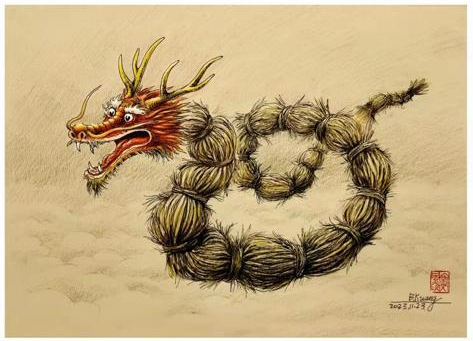 Chinas Neujahr 2024 steht nach dem traditionellen Kalender im Tierkreiszeichen des mächtigen Drachen. Für den Kantoner Karikaturisten Kuang Biao ist er nur ein Strohdrachen in Anlehnung an Maos Bonmot vom Papiertiger. Die Zeichnung ist zu anspielungsreich, um in China veröffentlicht werden zu können.