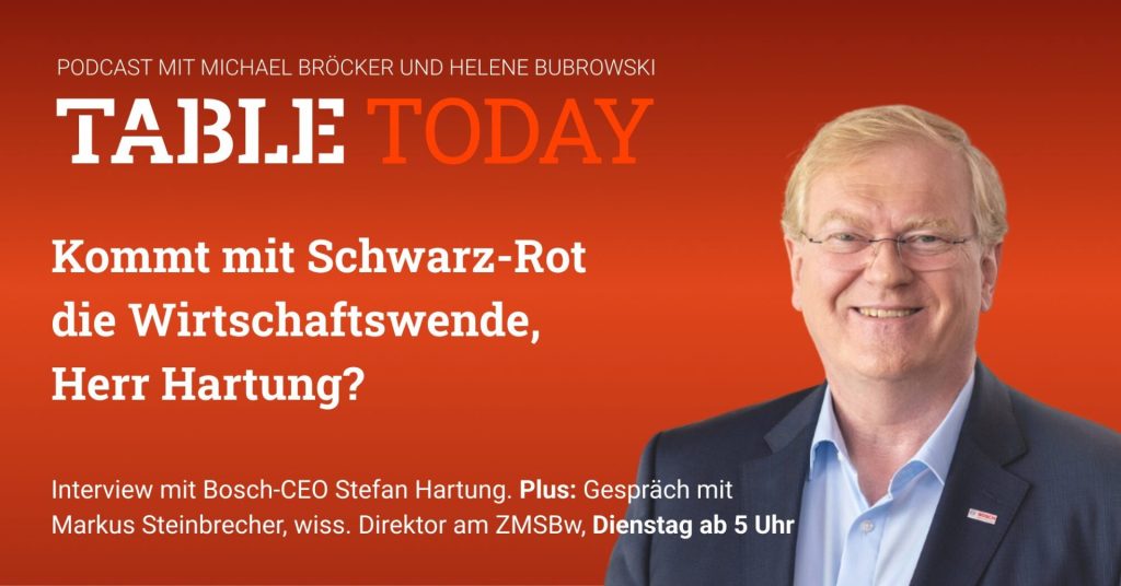 Kommt mit Schwarz-Rot die Wirtschaftswende, Herr Hartung? Hören Sie den Table.Today-Podcast mit Bosch-CEO Stefan Hartung hier.